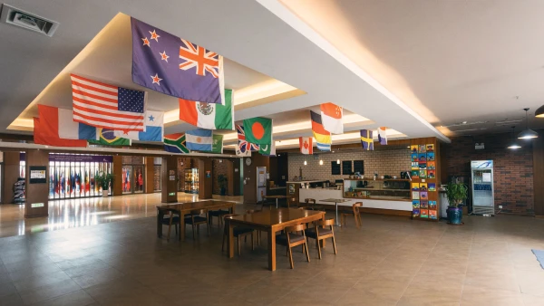 flags hanging up at yantai huasheng international school about all the nations represented on campus